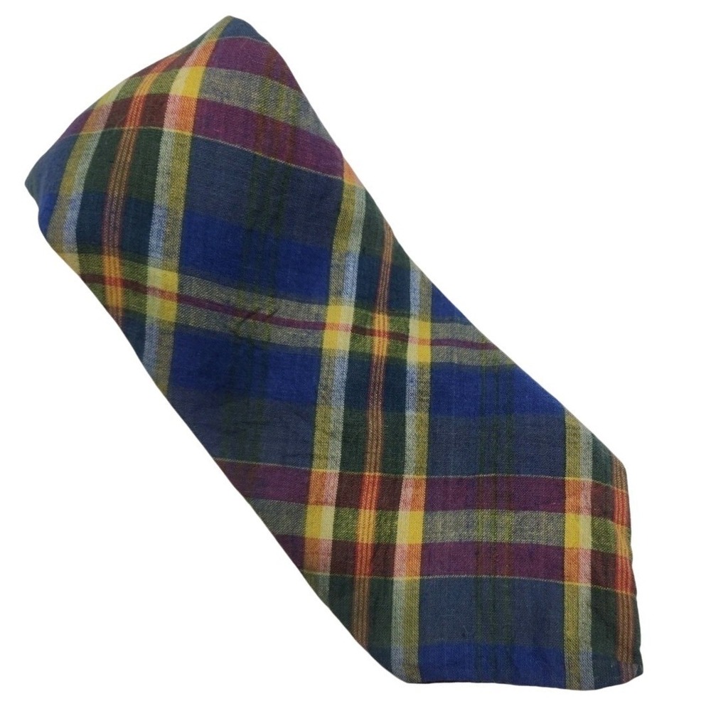 The Gap Designer Cotton Tie Men's Necktie Made in USA Plaid Blue‎ Yellow Green